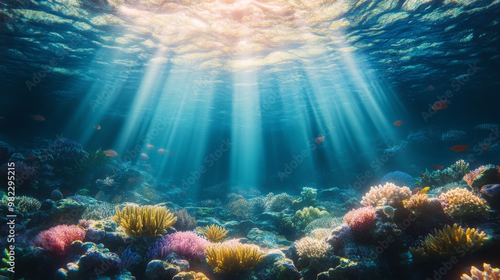 Naklejka premium Underwater Scene with Sunbeams, Coral Reef, and Fish