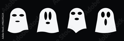 Cute Halloween Ghosts Set. Hand drawn spooky flying spirits collection. Cartoon funny ghost isolated on black background. Vector simple halloween horror characters. Creepy Halloween party costume. 