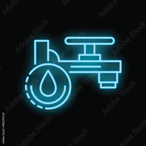 Neon water tap glowing on dark background, representing the importance of water conservation