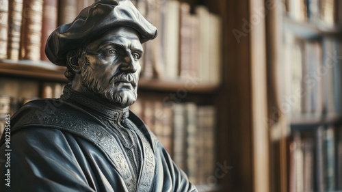 Bronze statue of historically significant figure in traditional attire, surrounded by old bookshelves dimly lit library photo