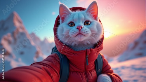 a white cat in a red jacket takes a selfie against the background of snowy mountains photo