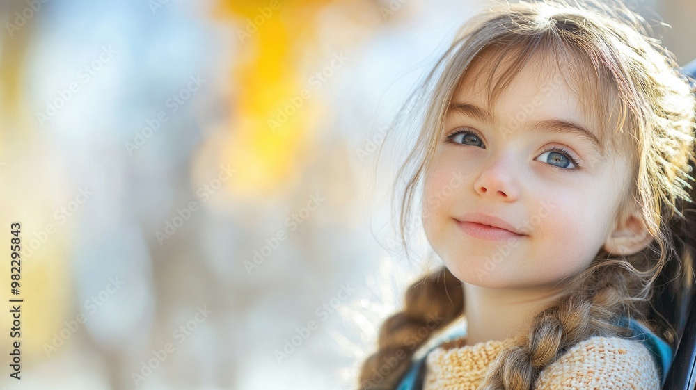 Little Caucasian girl smiling outdoors, wearing braids and sweater Bright background with autumn foliage Little Caucasian girl smiling outdoors, wearing braids and sweater Bright background with autumn foliage