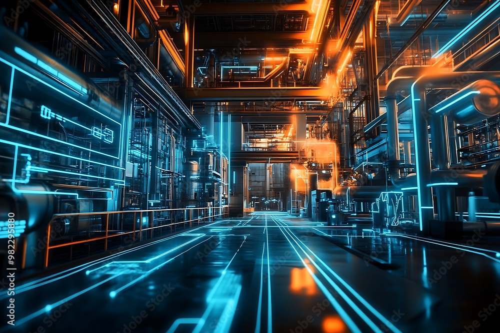 Futuristic industrial interior with glowing neon pipes and machinery. Futuristic industrial interior with glowing neon pipes and machinery.