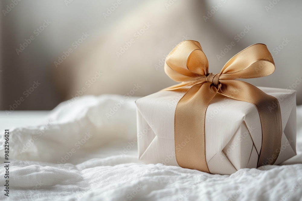 An elegant birthday gift with a gold ribbon on a white table An elegant birthday gift with a gold ribbon on a white table