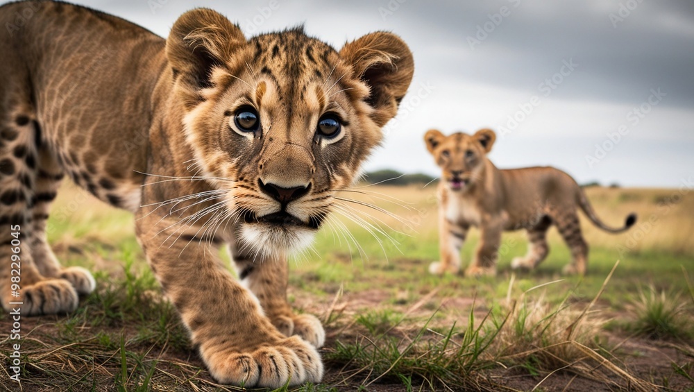 The lion cub looks at the camera in surprise The lion cub looks at the camera in surprise