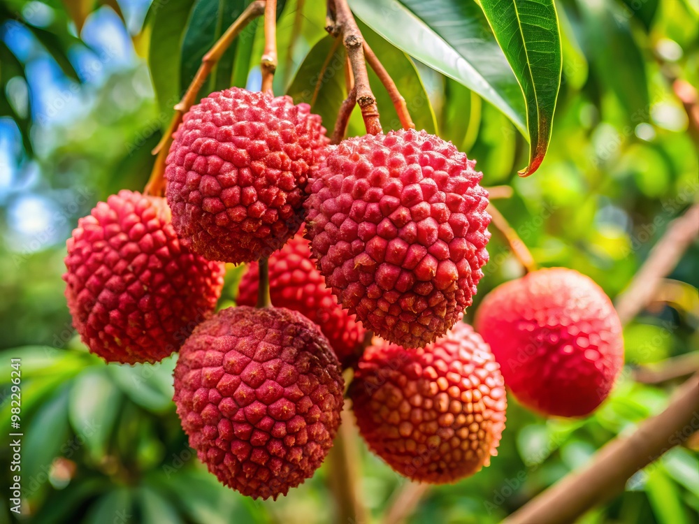 Juicy red lychee fruit with its rough, leathery skin and delicate white pulp, growing on a prickly tree native to subtropical Asia. Juicy red lychee fruit with its rough, leathery skin and delicate white pulp, growing on a prickly tree native to subtropical Asia.