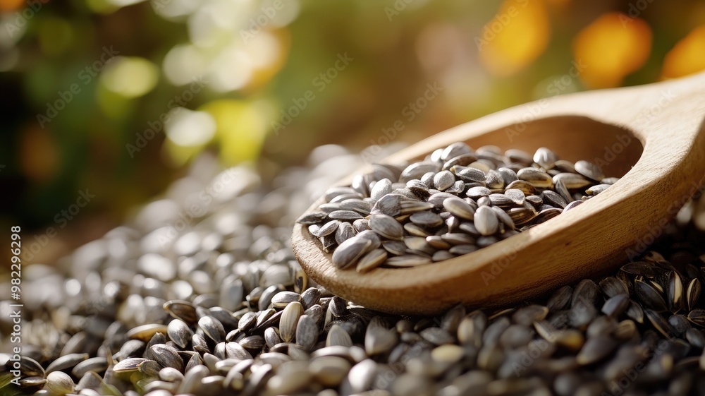 Obraz premium Close-up of sunflower seeds in wooden spoon with blurred outdoor background