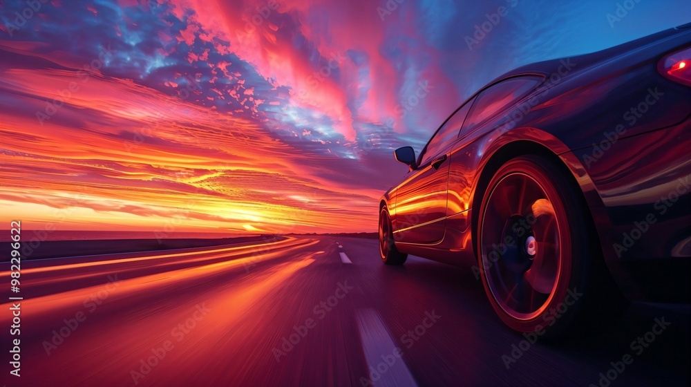 Fototapeta premium A lone car driving on a seaside highway at sunrise, the road stretching into the horizon with morning light reflecting off the hood. The car's silhouette is sharp against the vibrant sky, emphasizing 
