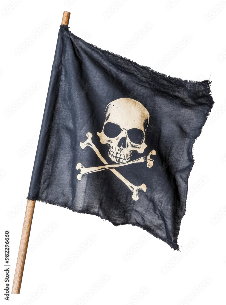 Obraz premium PNG Black pirate flag waving on a wooden pole outdoors
