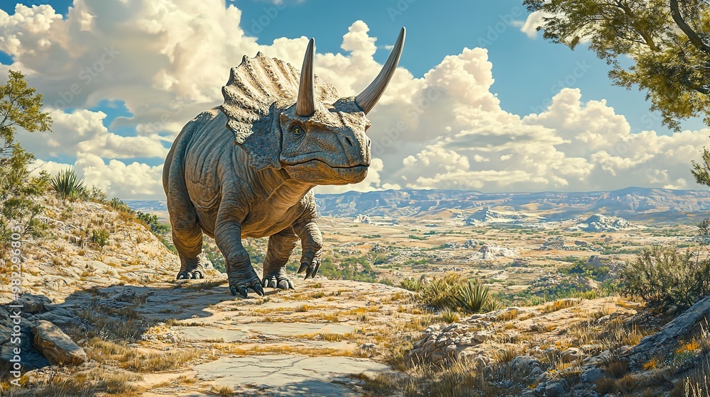 Fototapeta premium A Ceratopsian Dinosaur Stands in a Dry Landscape