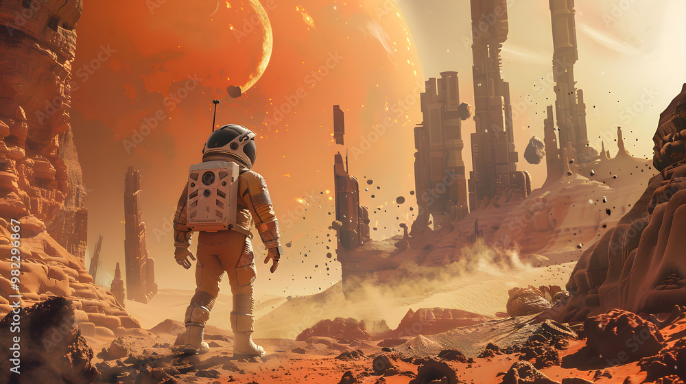 Fototapeta premium An astronaut in a spacesuit on the surface of an uncharted planet. AI Generated