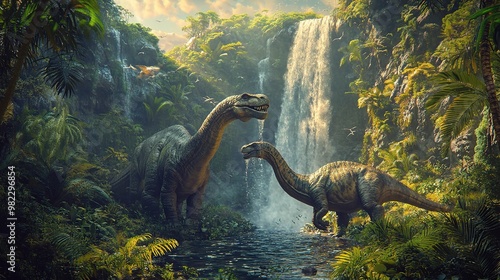 Fototapeta Naklejka Na Ścianę i Meble -  Two Dinosaurs by a Waterfall in a Lush Jungle