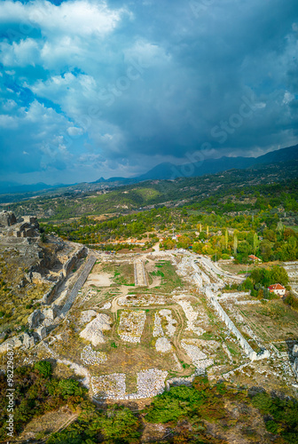 Drone view over Tlos ruins and tombs, an ancient Lycian city near the town of Seydikemer, Mugla, Turkey.
 photo