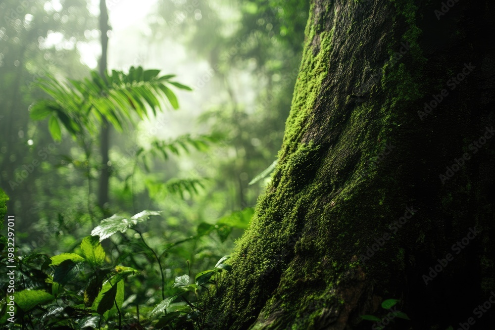 Fototapeta premium A moss-covered tree trunk in the rainforest, surrounded by lush greenery and misty air, evoking an enchanting woodland scene,generative ai