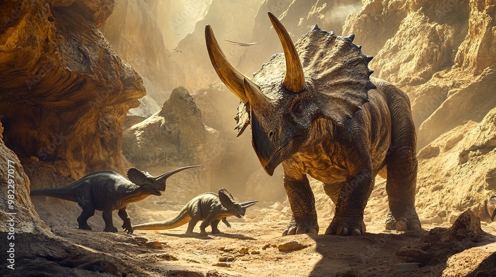 Fototapeta premium male Triceratops protecting its young in a rocky canyon with other dinosaurs nearby