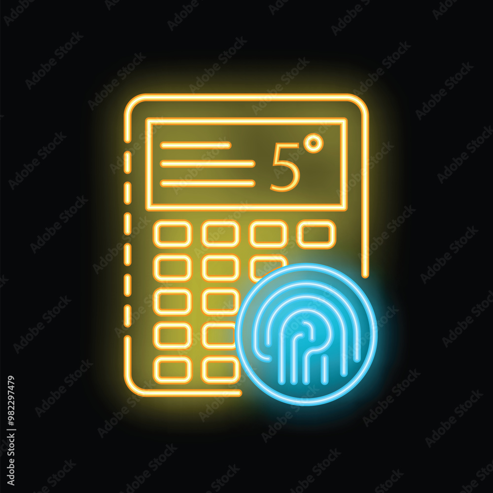 Glowing neon icon of a calculator displaying a fingerprint for verification purposes Glowing neon icon of a calculator displaying a fingerprint for verification purposes