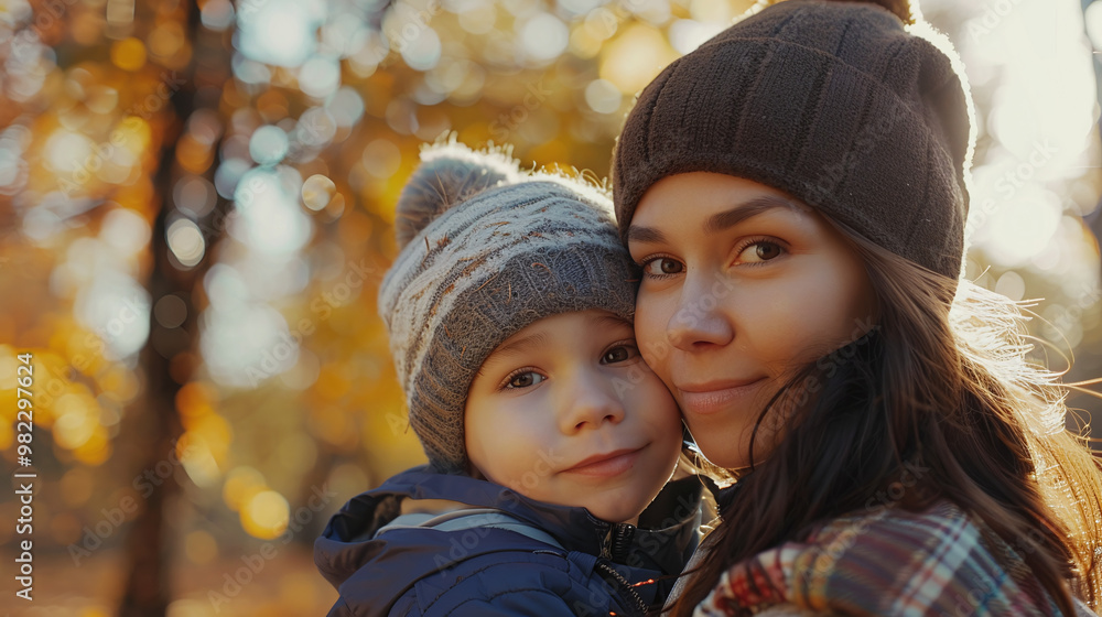 Obraz premium Young mother with son having fun in autumn sunny park. Family happily welcomes autumn season