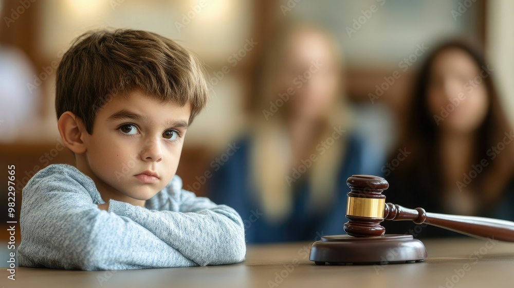 Cute child and mother at table with gavel of judge blurred in background, family law concept Cute child and mother at table with gavel of judge blurred in background, family law concept