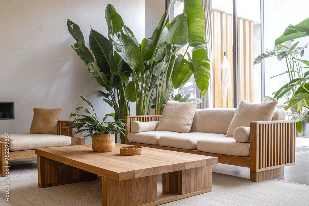 Photograph of a living room in a Scandinavian mid century modern interior apartment with snoring little pots and a simple sofa and a wooden table. Generative AI
Photograph of a living room in a Scandinavian mid century modern interior apartment with snoring little pots and a simple sofa and a wooden table. Generative AI