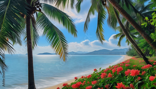 Sanya's coconut dream promenade, a tropical style canvas. photo