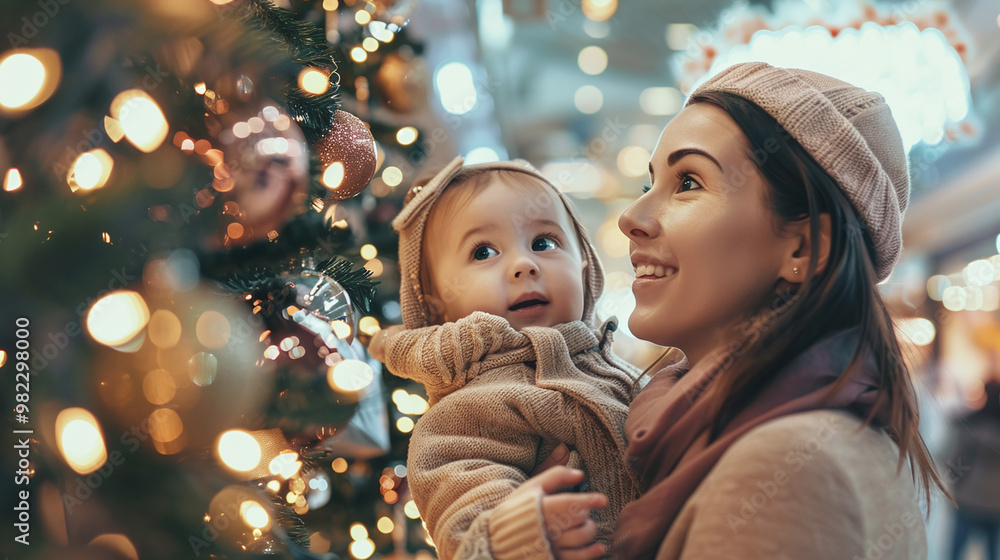 Young mother with daughter near Christmas tree in shopping mall Young mother with daughter near Christmas tree in shopping mall