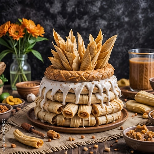 Guajolocombo tradicional: tamales mexicanos en torta acompañados de atole en el dia de muertos photo