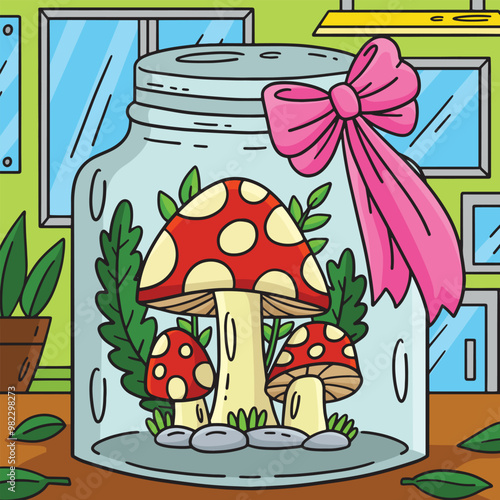 Mushrooms in a Jar Colored Cartoon Illustration