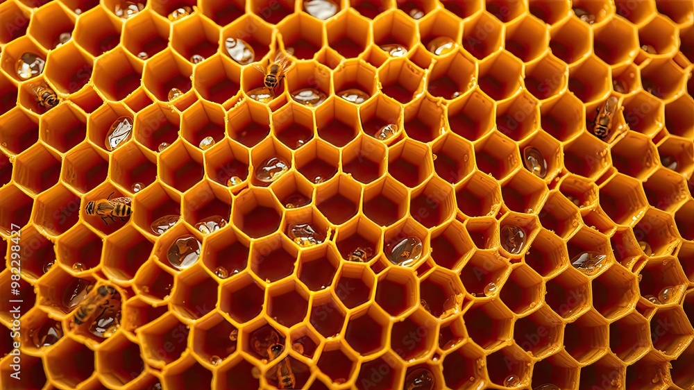 Honeycomb pattern, Natural Honeycomb Structure with Worker Bees, close-up of honeycomb Honeycomb pattern, Natural Honeycomb Structure with Worker Bees, close-up of honeycomb