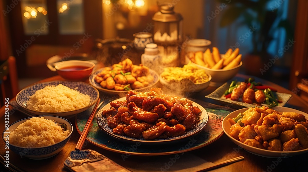 A beautifully arranged dinner table featuring various Asian dishes and sides. A beautifully arranged dinner table featuring various Asian dishes and sides.