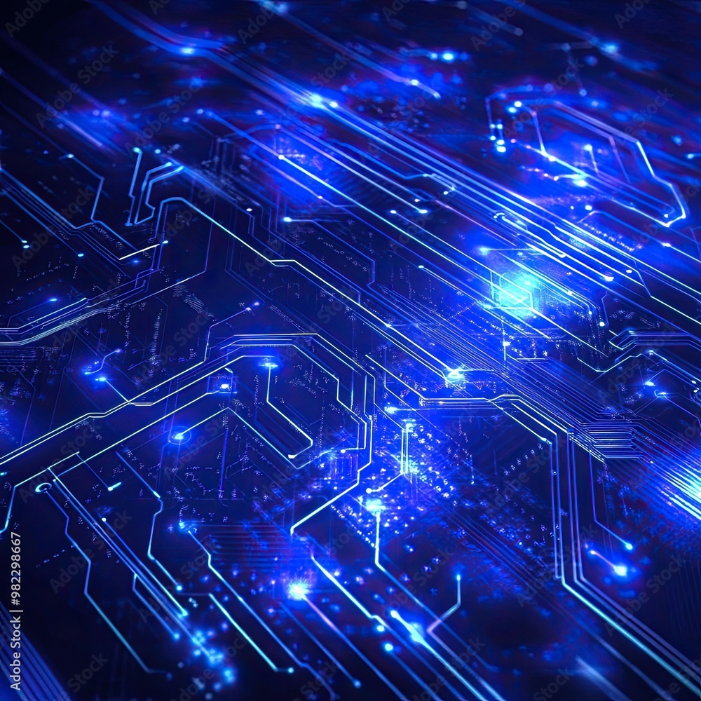 Fototapeta premium Vivid blue technology abstract with glowing circuits and lines, perfect for digital art, tech projects, and modern designs.