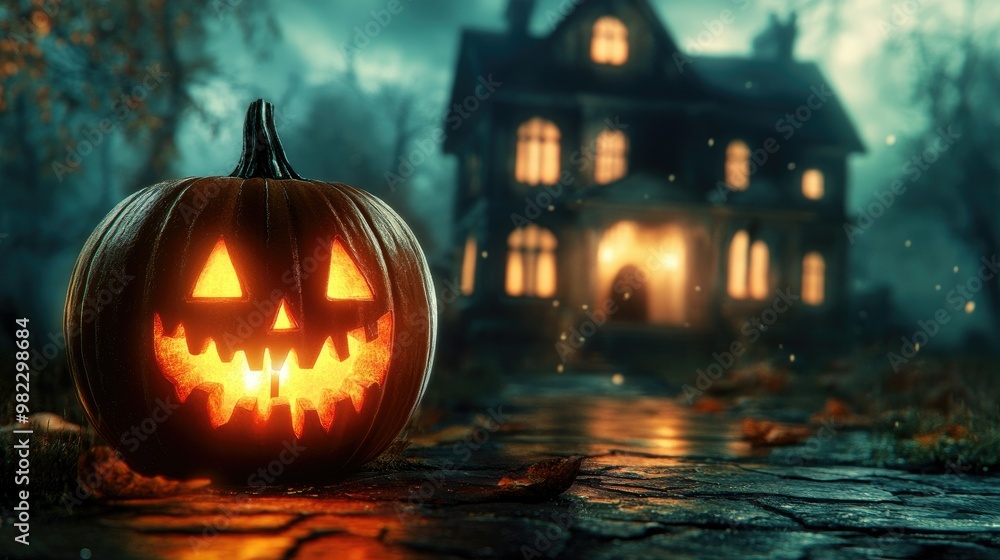 Halloween pumpkin with candlelight in front of a haunted house background, Halloween pumpkin with candlelight in front of a haunted house background,