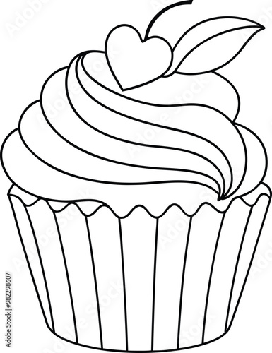 Detailed Line Art of Cupcake Desserts with Whipped Frosting and Cherry Topping - Elegant Vector Illustration for Bakery Designs, Menus, and Culinary Projects Highlighting Sweetness, Creativity