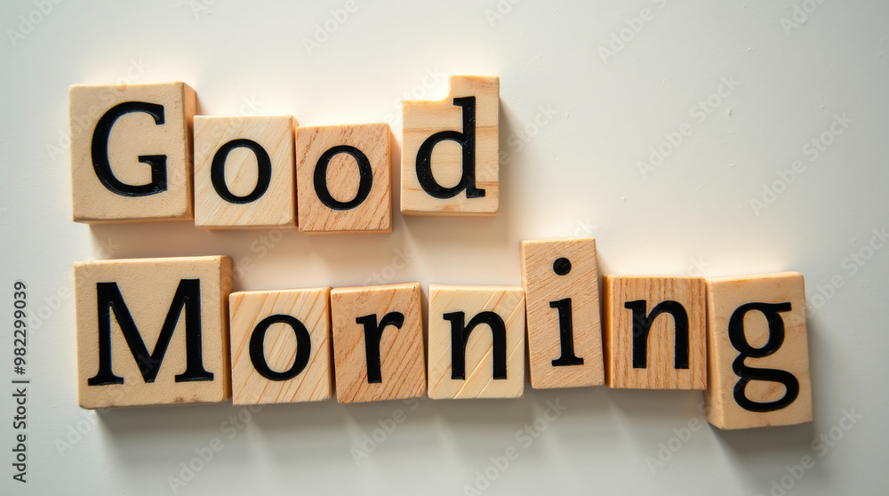 Obraz premium The cheerful message Good Morning is crafted from wooden blocks, inviting positivity and warmth at the beginning of a new day. The blocks rest on a plain surface