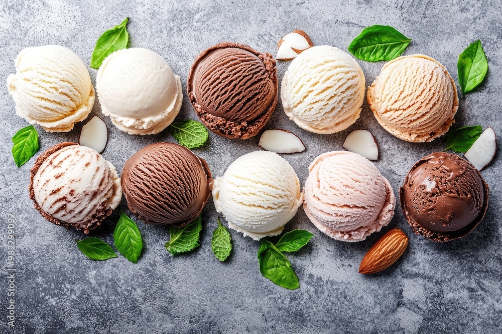 Delicious ice cream scoops arranged with fresh mint leaves and nuts on a textured surface, perfect for summer treats. Delicious ice cream scoops arranged with fresh mint leaves and nuts on a textured surface, perfect for summer treats.