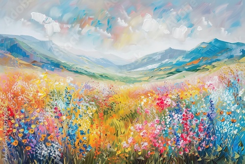Artwork handmade abstract oil painting bright flowers floral landscape. Red, yellow, blue, purple abstract texture flowers