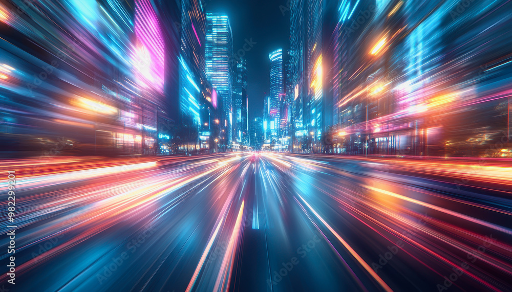 Neon-lit city streets with futuristic motion blur and glowing light trails at night Neon-lit city streets with futuristic motion blur and glowing light trails at night