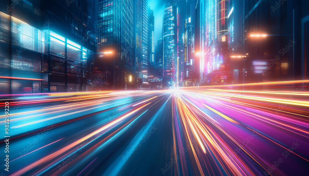 Neon-lit city streets with futuristic motion blur and glowing light trails at night Neon-lit city streets with futuristic motion blur and glowing light trails at night