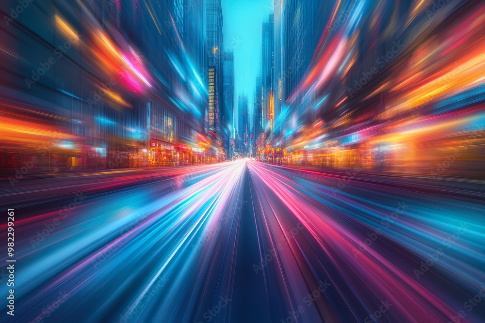 Neon-lit city streets with futuristic motion blur and glowing light trails at night Neon-lit city streets with futuristic motion blur and glowing light trails at night