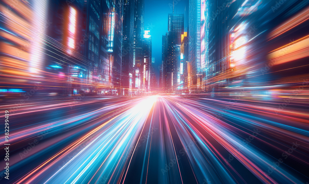 Neon-lit city streets with futuristic motion blur and glowing light trails at night Neon-lit city streets with futuristic motion blur and glowing light trails at night