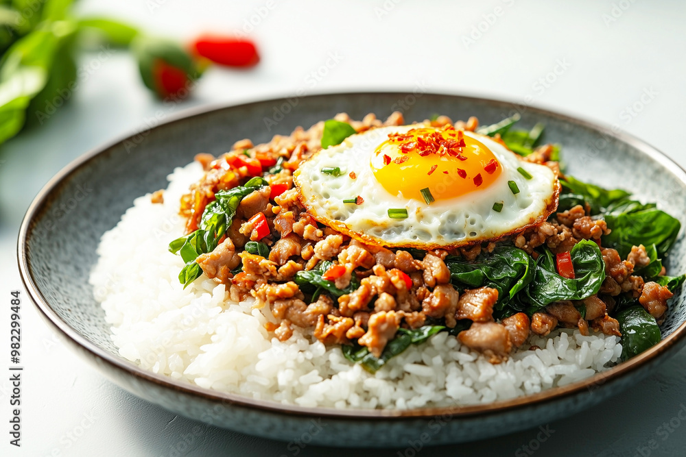 Thai food Stir fried basil with minced pork serve with jasmin rice and fried egg Thai food Stir fried basil with minced pork serve with jasmin rice and fried egg