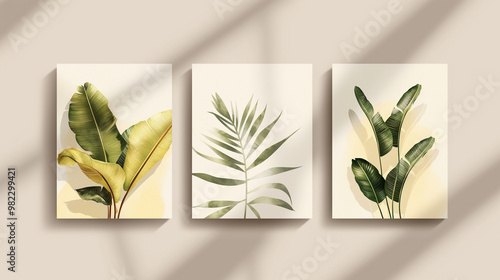 set of green leaves three canvases with different plants and wall frame minimal concept 