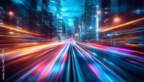 Neon-lit city streets with futuristic motion blur and glowing light trails at night