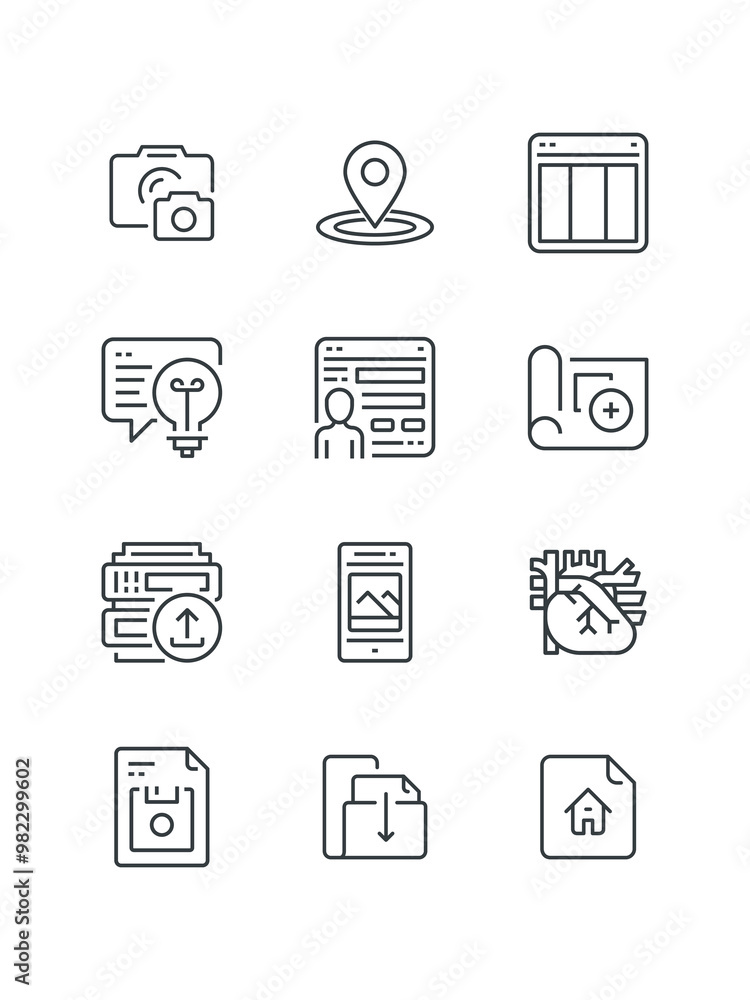 Branding, Browser, Camera, Code, Coin, set of icons for web design, vector illustration Branding, Browser, Camera, Code, Coin, set of icons for web design, vector illustration