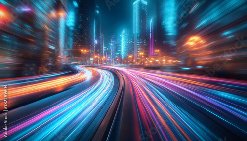 Neon-lit city streets with futuristic motion blur and glowing light trails at night