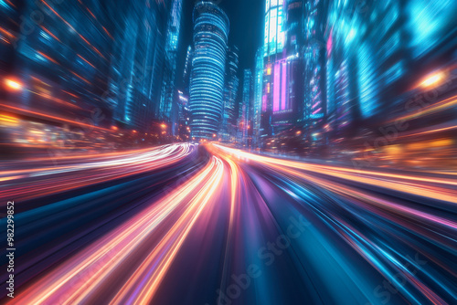 Neon-lit city streets with futuristic motion blur and glowing light trails at night