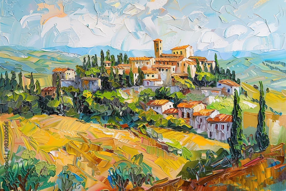 Obraz premium Hand drawn watercolor painting. landscape painting with buildings, house, hills, plants, cypress trees, farm fields