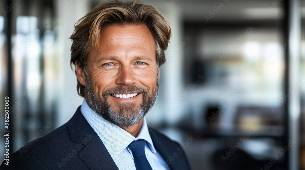A close-up portrait of a smiling businessman in soft morning light highlighting his confident demeanor and sharp features with ample copy space for branding or text overlays A close-up portrait of a smiling businessman in soft morning light highlighting his confident demeanor and sharp features with ample copy space for branding or text overlays