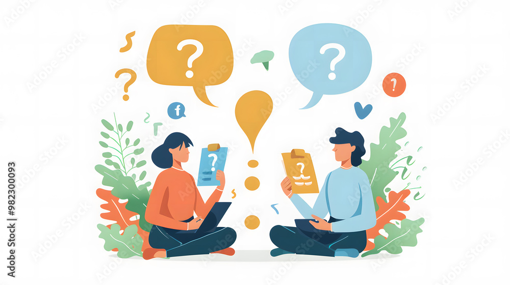 A flat vector illustration shows two people talking to each other over the phone One person is holding up documents and question marks with speech bubbles above their head A flat vector illustration shows two people talking to each other over the phone One person is holding up documents and question marks with speech bubbles above their head