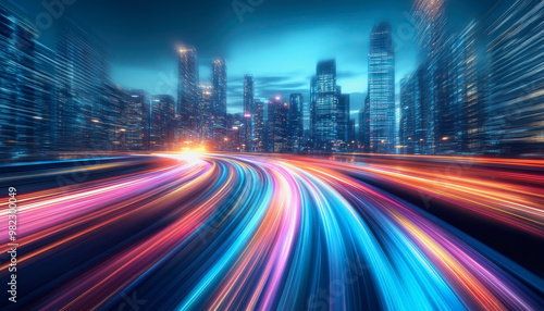 Neon-lit city streets with futuristic motion blur and glowing light trails at night