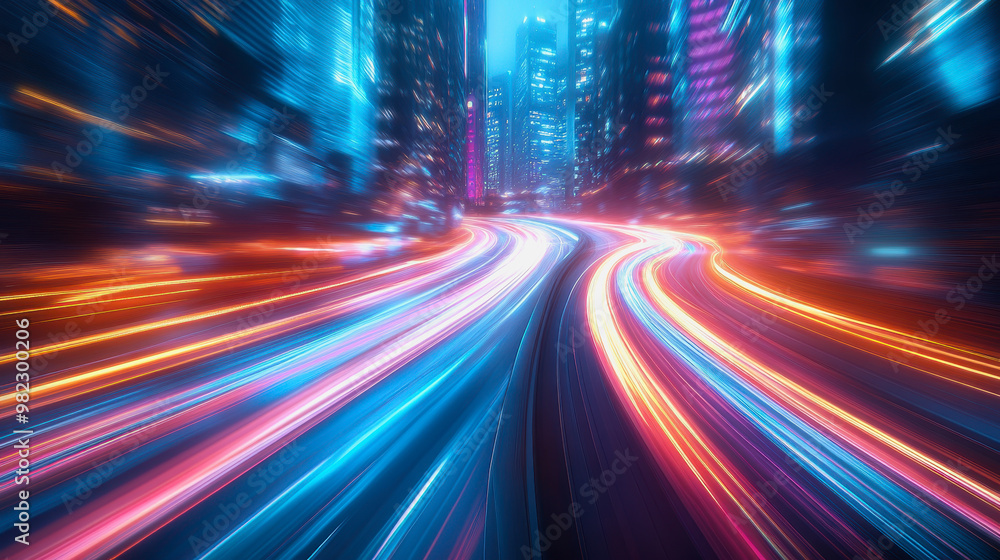 Neon-lit city streets with futuristic motion blur and glowing light trails at night Neon-lit city streets with futuristic motion blur and glowing light trails at night